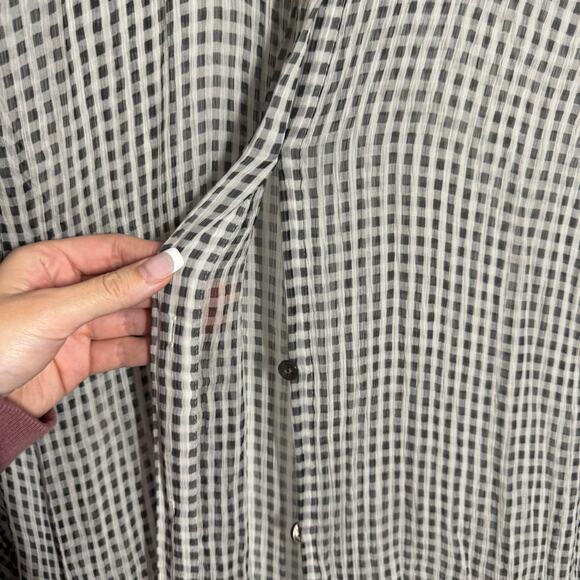 Theory Silk Gingham Button Down Blouse Women XL Black White Sheer Popover Career - Picture 5 of 8